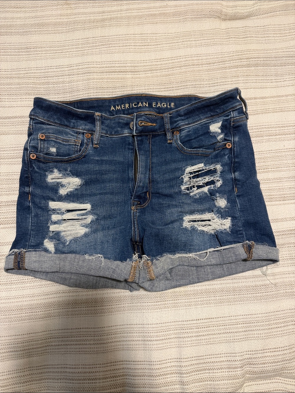 American Eagle Outfitters Navy Distressed Rolled-Hem Jean Shorts
